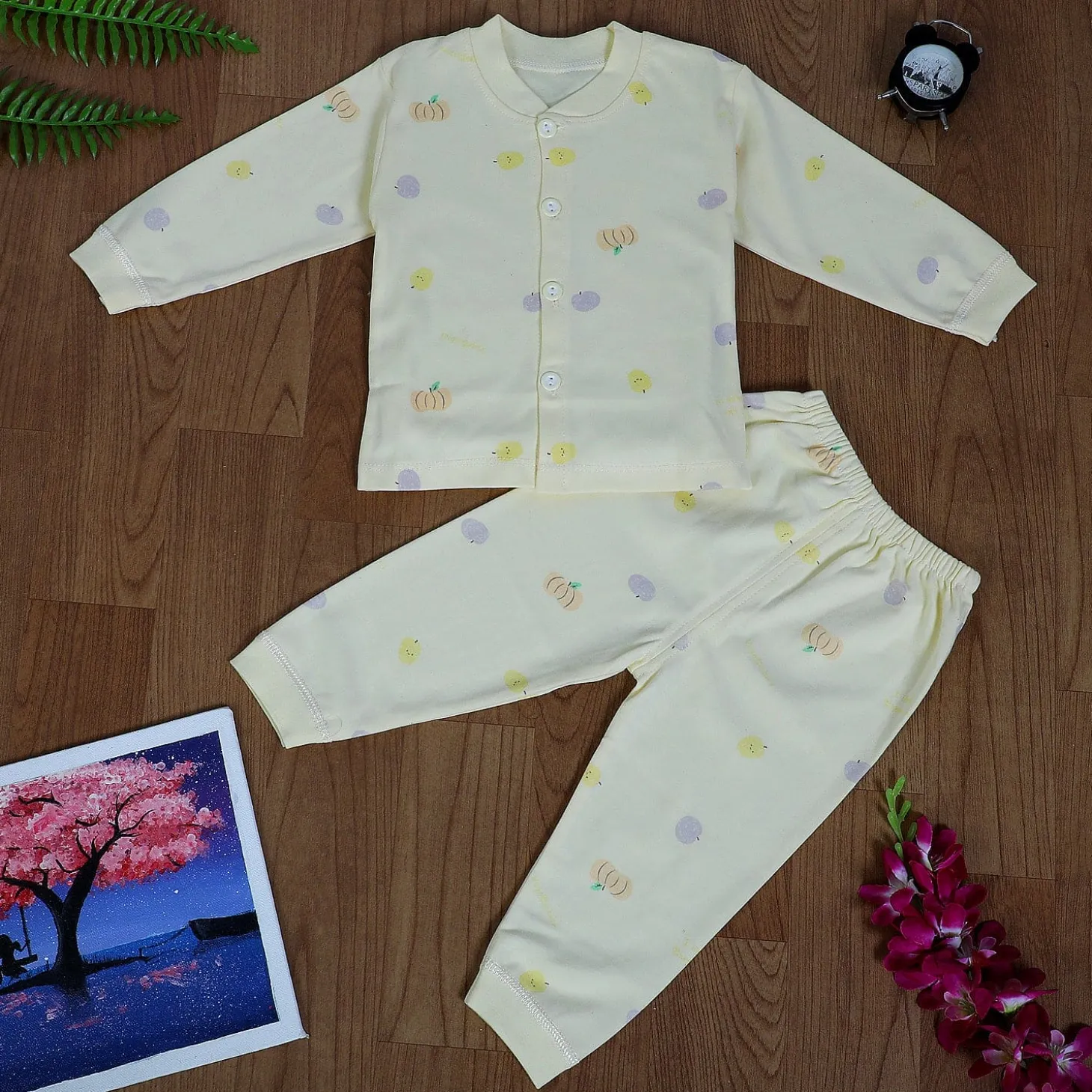 Fruitilicious Full Sleeves 2 Piece Buttoned Pyjama Set Night Suit - Yellow