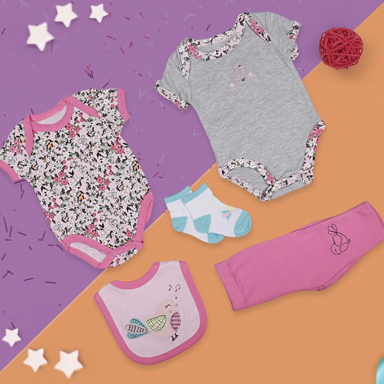 Gift Set Set Of 5 Bib Body Suits Pant And Socks Floral Pink