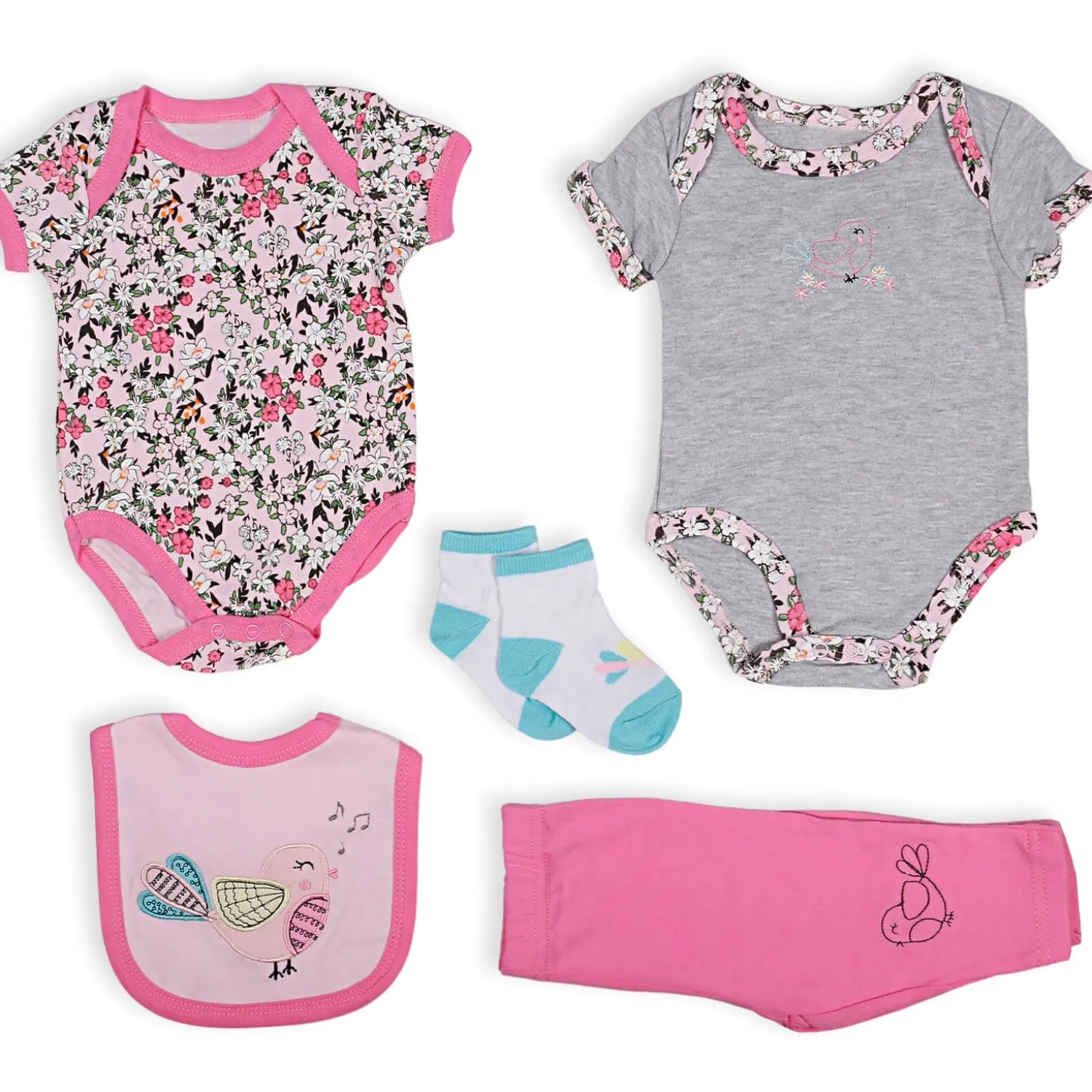 Gift Set Set Of 5 Bib Body Suits Pant And Socks Floral Pink
