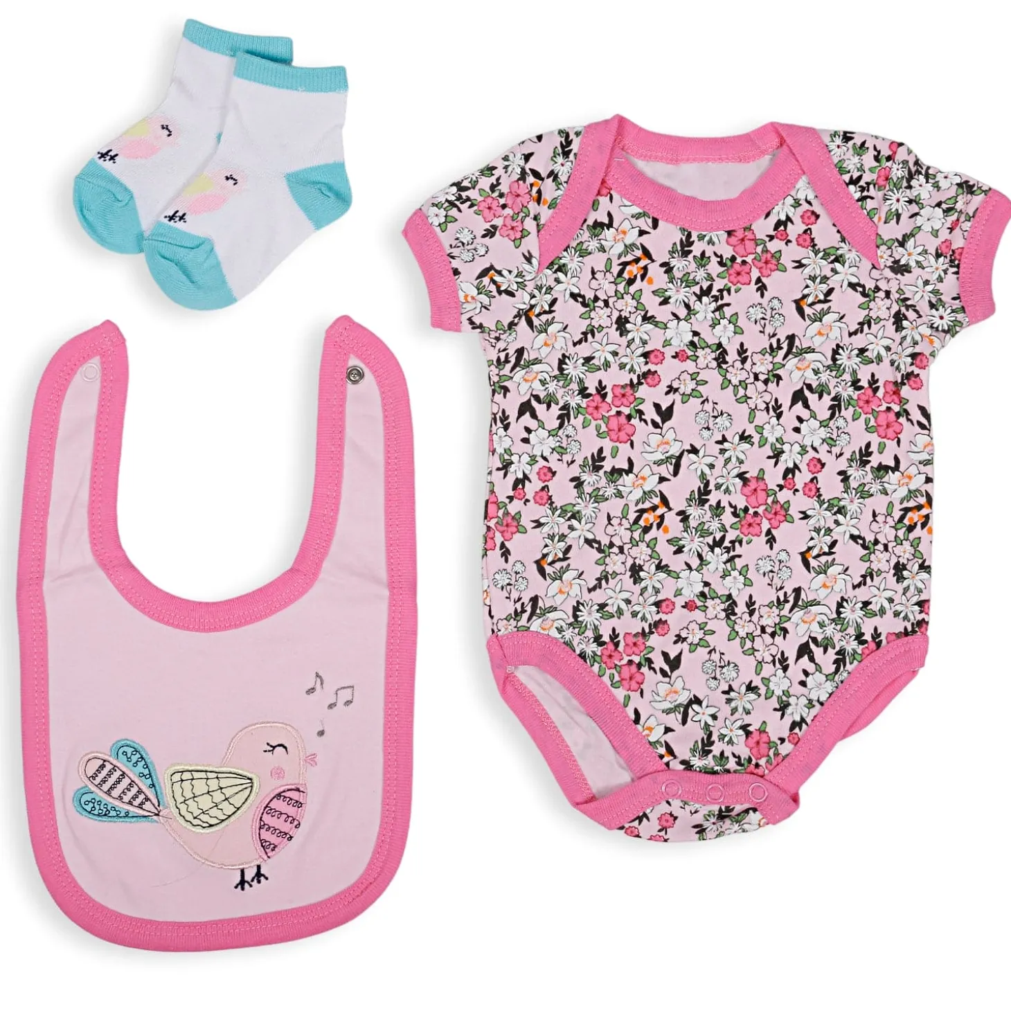 Gift Set Set Of 5 Bib Body Suits Pant And Socks Floral Pink