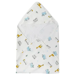 Giraffe And Elephants Cotton Hooded Wrapper White