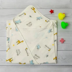 Giraffe And Elephants Cotton Hooded Wrapper White