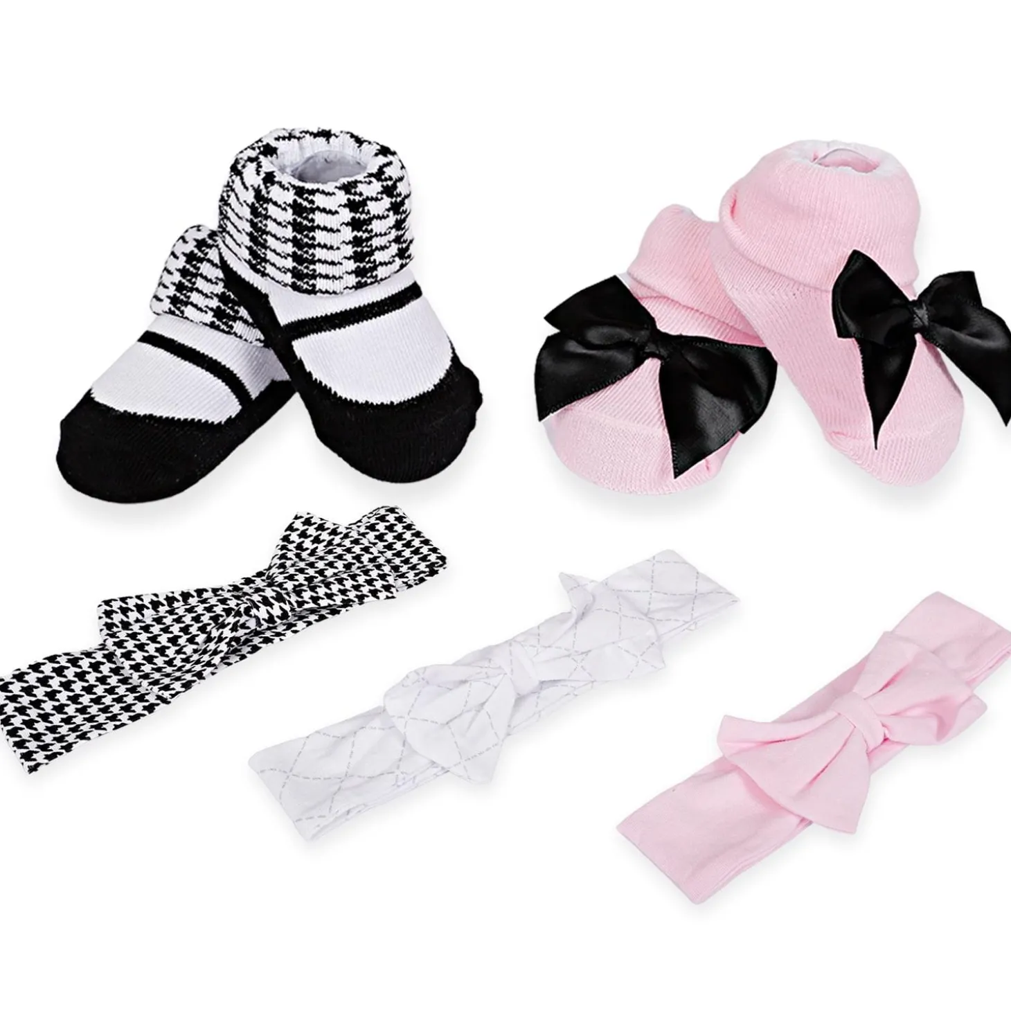 3 Headbands And 2 Pair Socks Gift Set Houndstooth Pink White