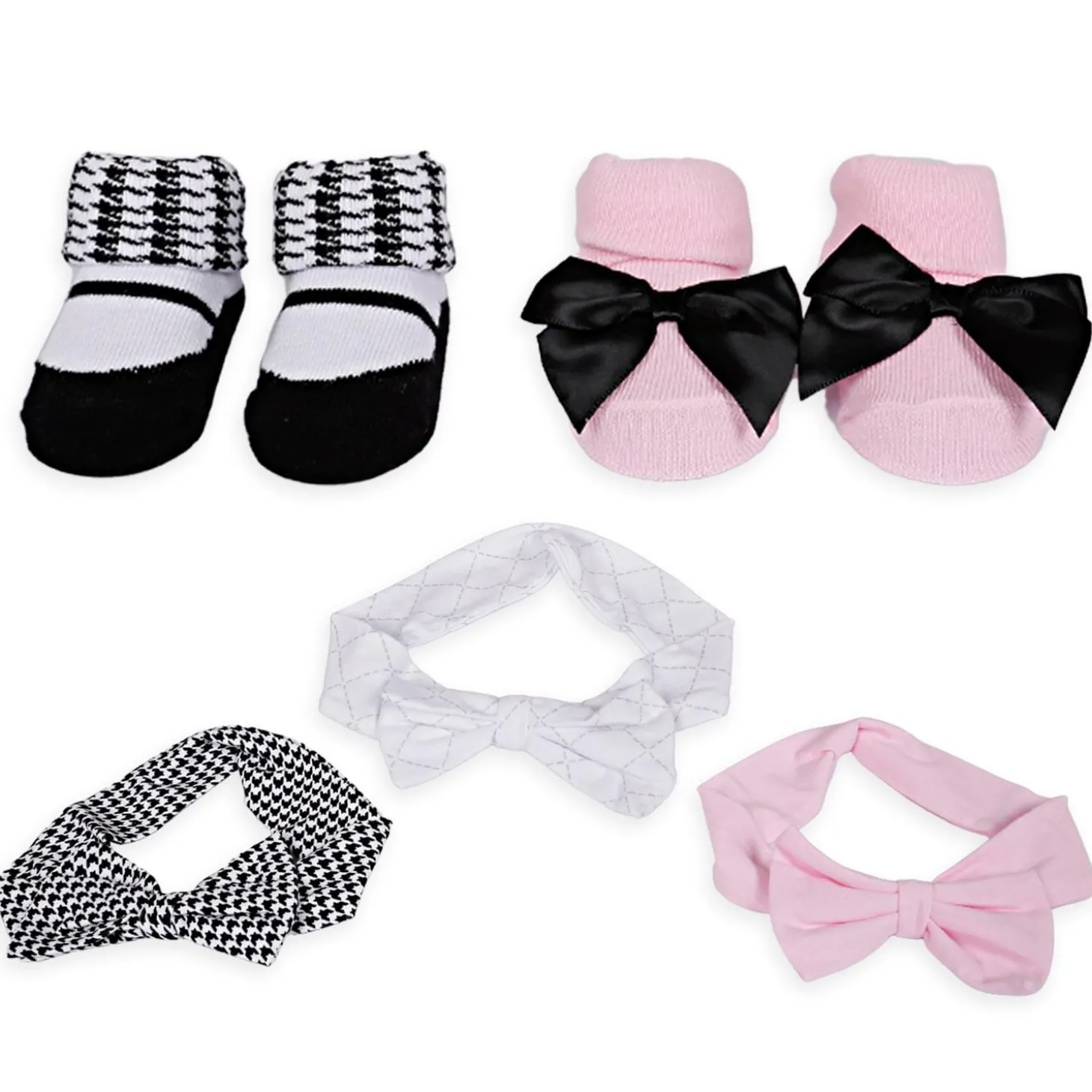 3 Headbands And 2 Pair Socks Gift Set Houndstooth Pink White