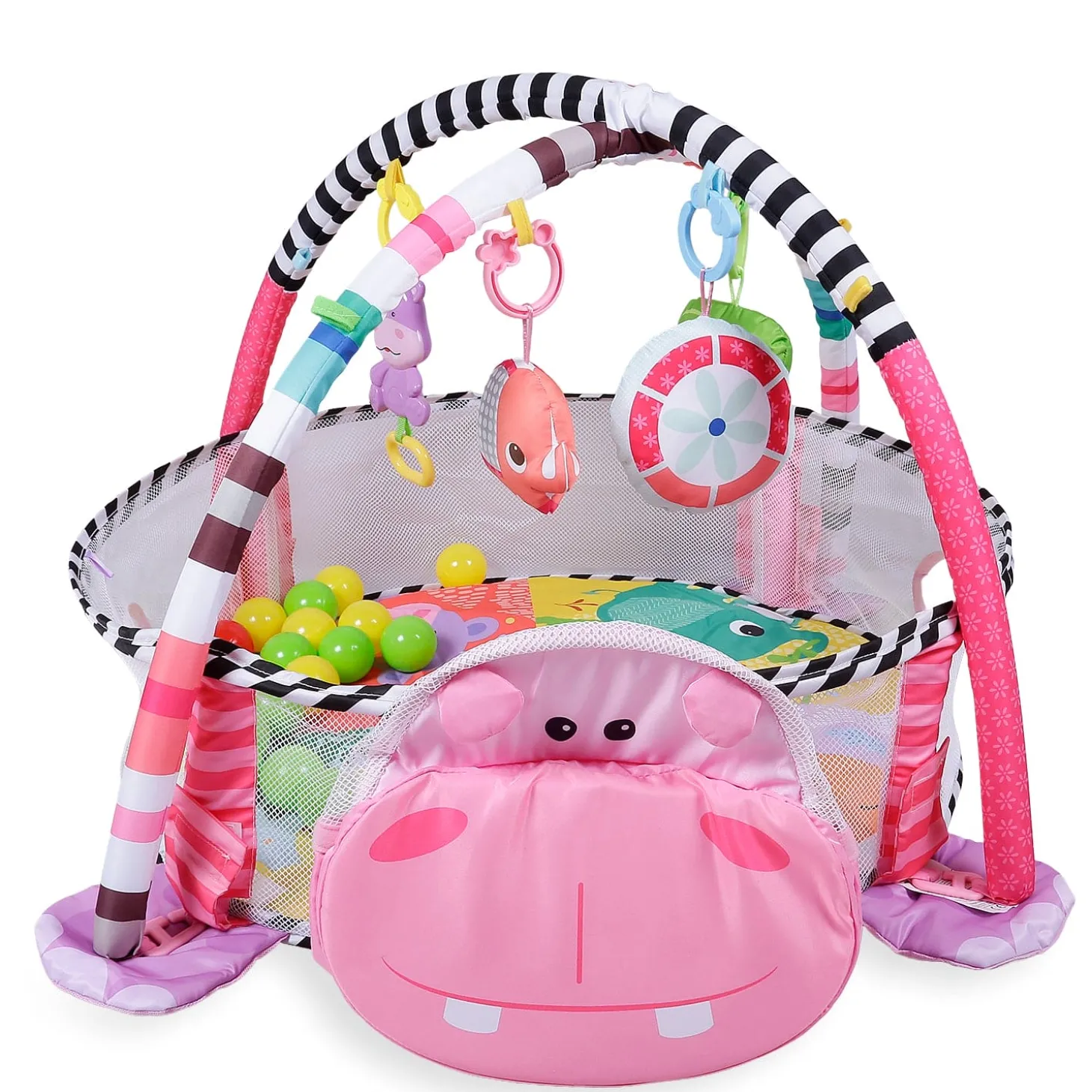 Hippo Infant Play Mat Activity Gym With Hanging Toys And Balls - Pink