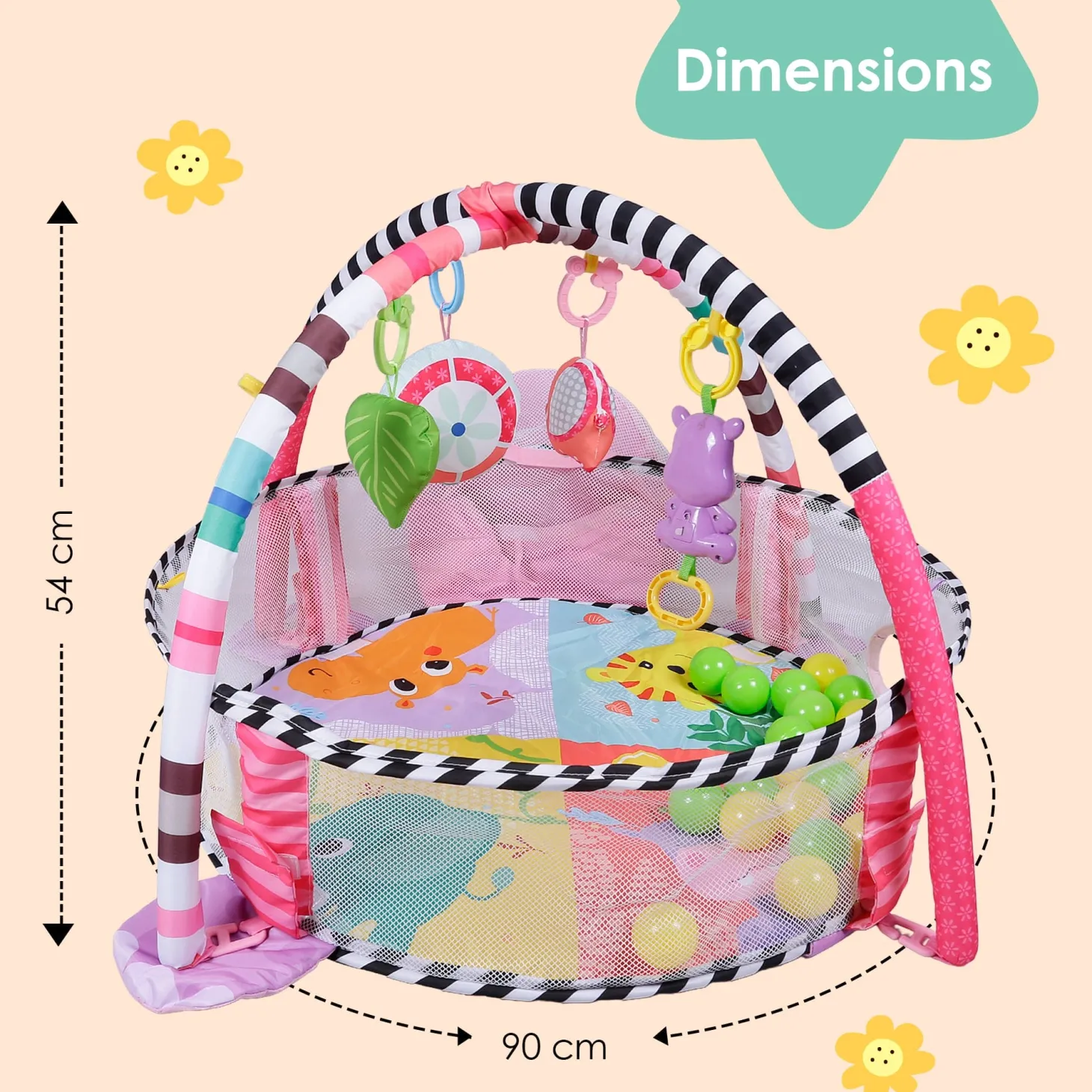 Hippo Infant Play Mat Activity Gym With Hanging Toys And Balls - Pink