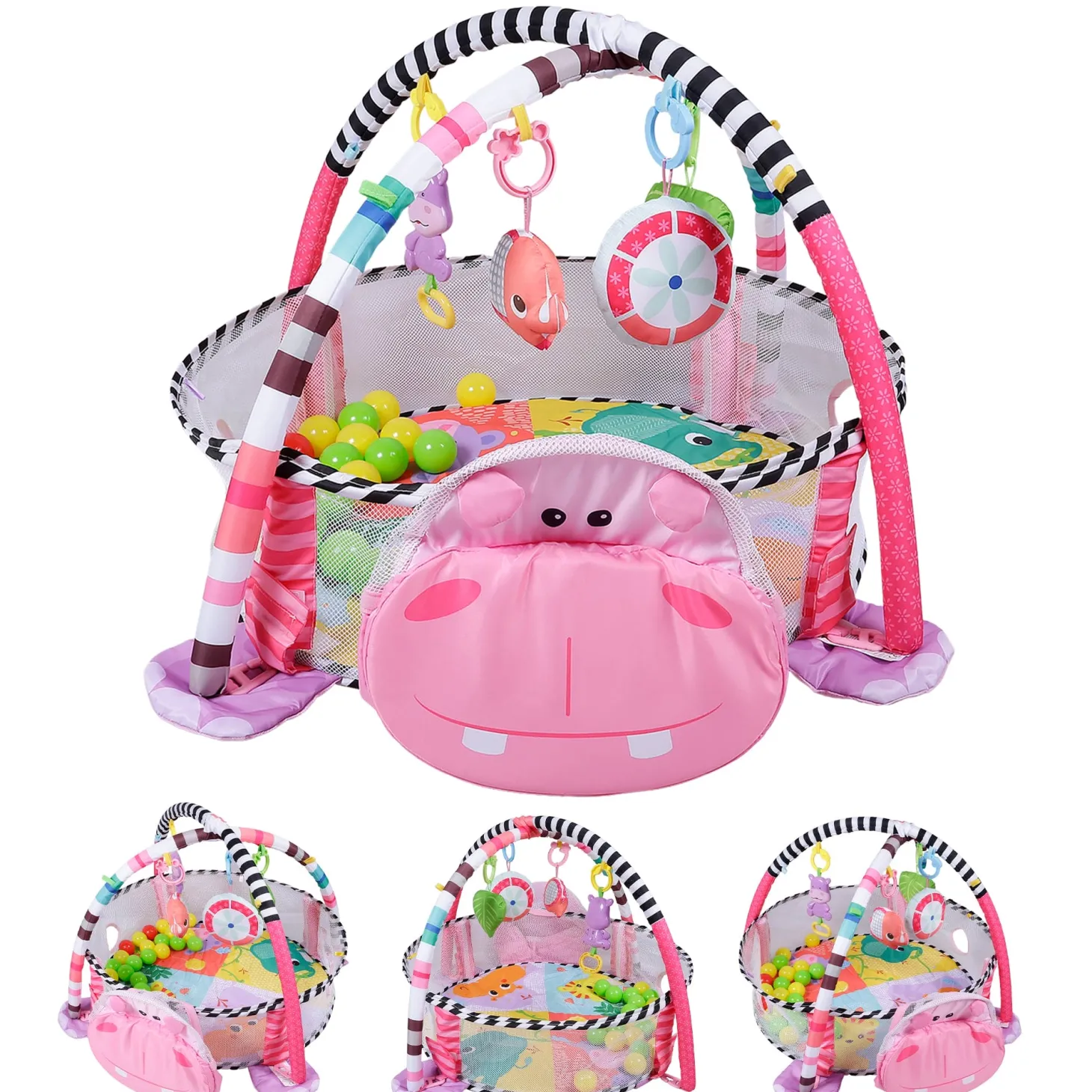 Hippo Infant Play Mat Activity Gym With Hanging Toys And Balls - Pink