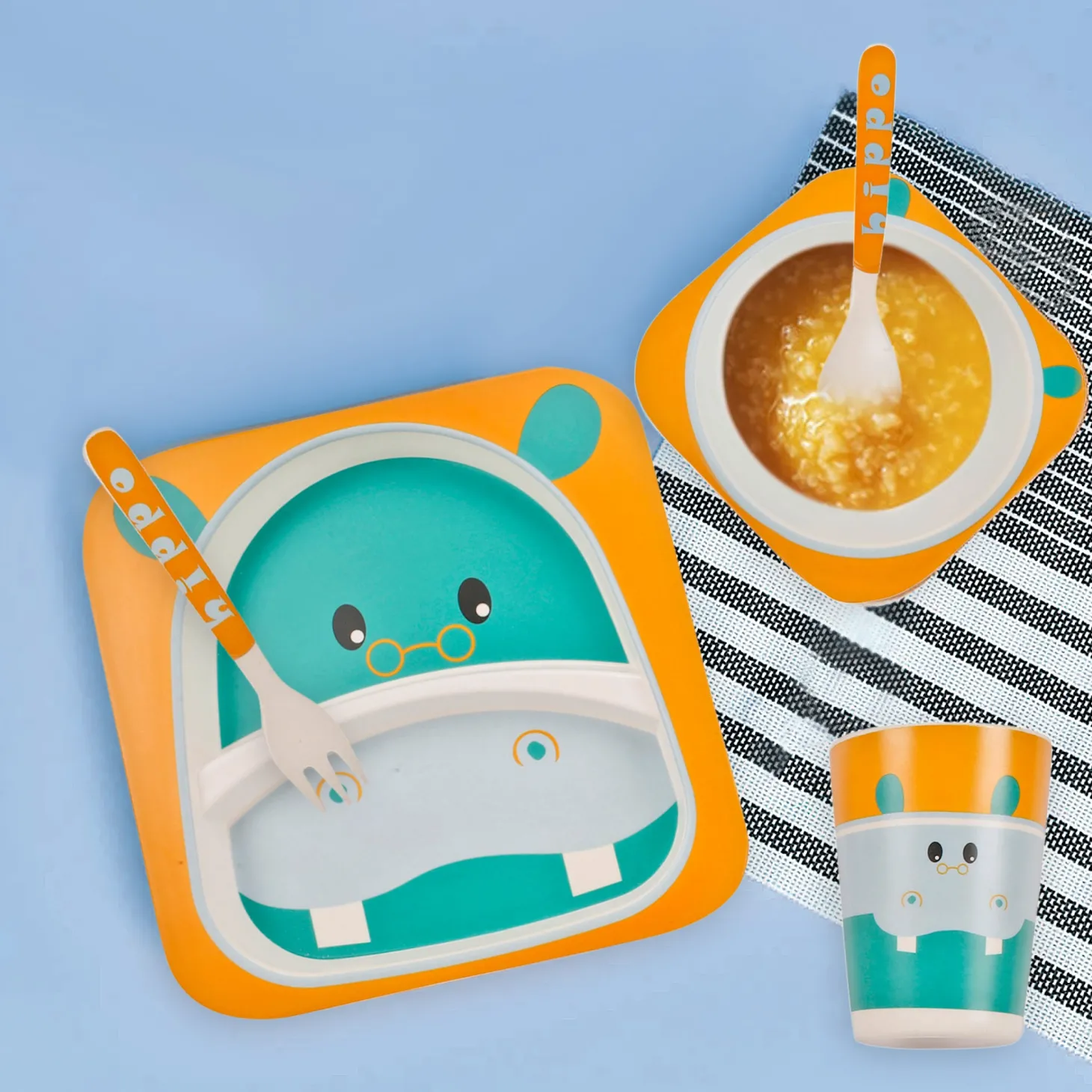 Hippo Orange And Green Bamboo Fiber Dinner Set Large