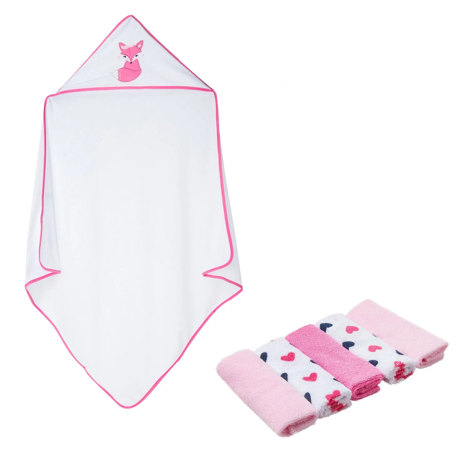 Hooded Towel And 5 Wash Cloth Gift Set Mrs Fox Heart Pink