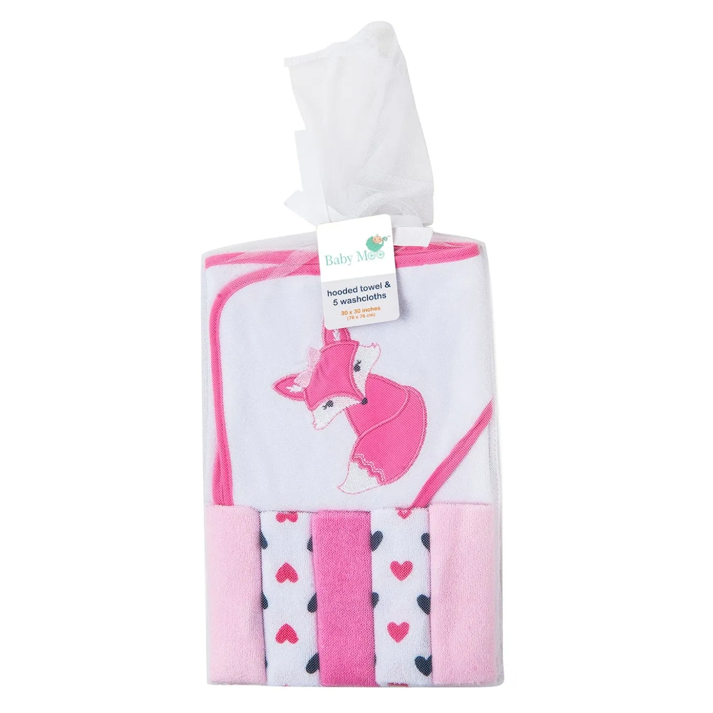 Hooded Towel And 5 Wash Cloth Gift Set Mrs Fox Heart Pink