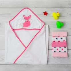 Hooded Towel And 5 Wash Cloth Gift Set Mrs Fox Heart Pink