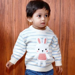Hopping Rabbit Striped Premium Full Sleeves Knitted Sweater - Off White