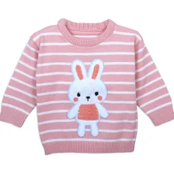 Hopping Rabbit Striped Premium Full Sleeves Knitted Sweater - Pink