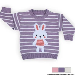 Hopping Rabbit Striped Premium Full Sleeves Knitted Sweater - Purple