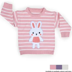 Hopping Rabbit Striped Premium Full Sleeves Knitted Sweater - Pink