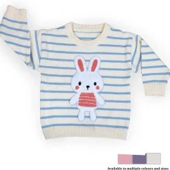 Hopping Rabbit Striped Premium Full Sleeves Knitted Sweater - Off White