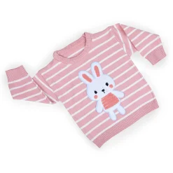 Hopping Rabbit Striped Premium Full Sleeves Knitted Sweater - Pink