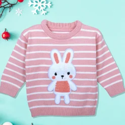 Hopping Rabbit Striped Premium Full Sleeves Knitted Sweater - Pink