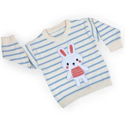 Hopping Rabbit Striped Premium Full Sleeves Knitted Sweater - Off White