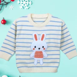 Hopping Rabbit Striped Premium Full Sleeves Knitted Sweater - Off White