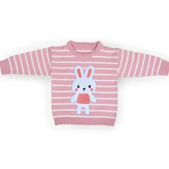 Hopping Rabbit Striped Premium Full Sleeves Knitted Sweater - Pink