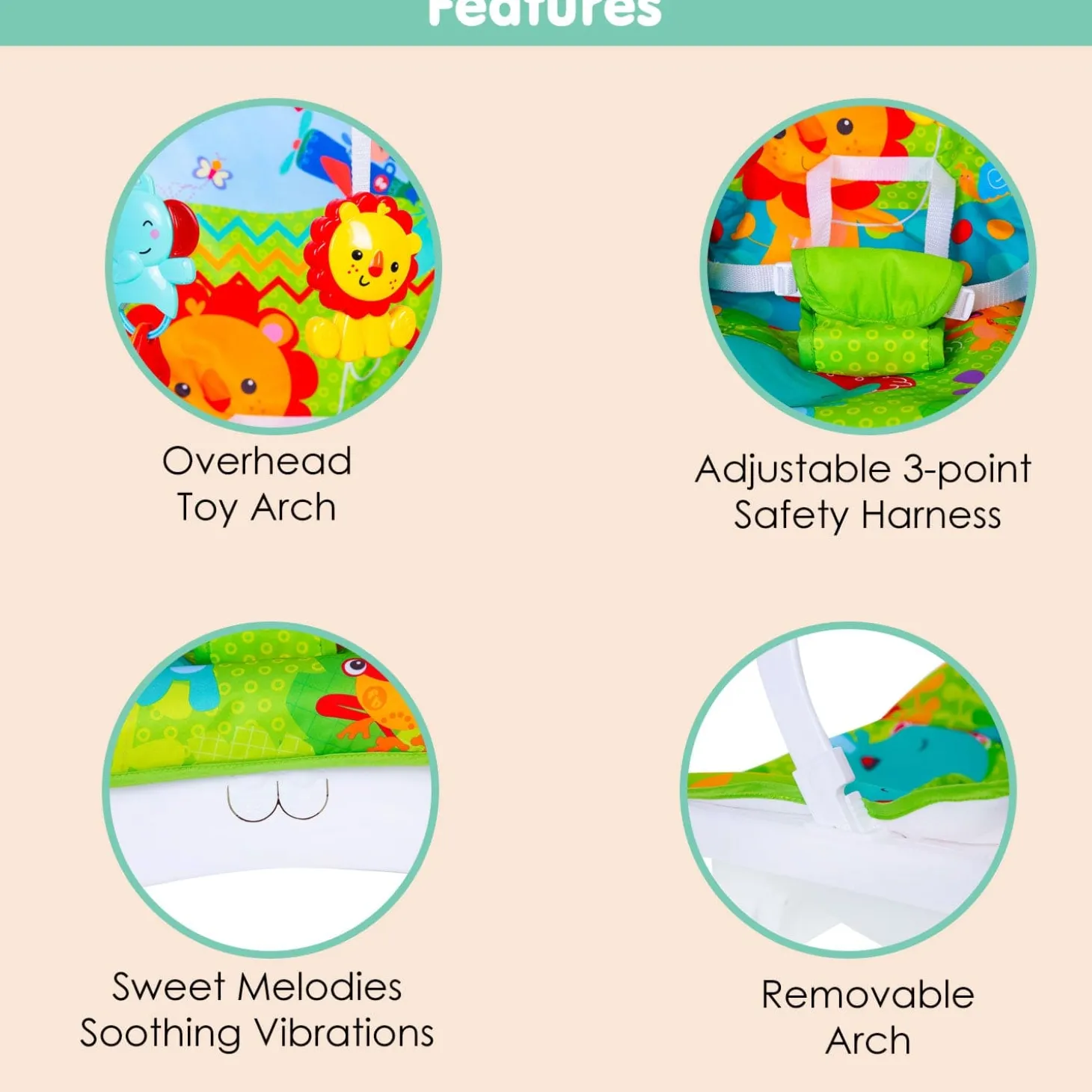 Infant To Toddler With Animals In Jungle Happy Baby Bouncer With Hanging Toys Green