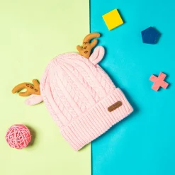 Knit Woollen Cap 3D Alphabet Antler Pink