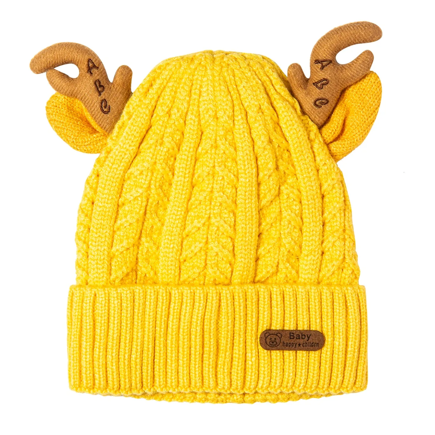 Knit Woollen Cap 3D Alphabet Antler Yellow