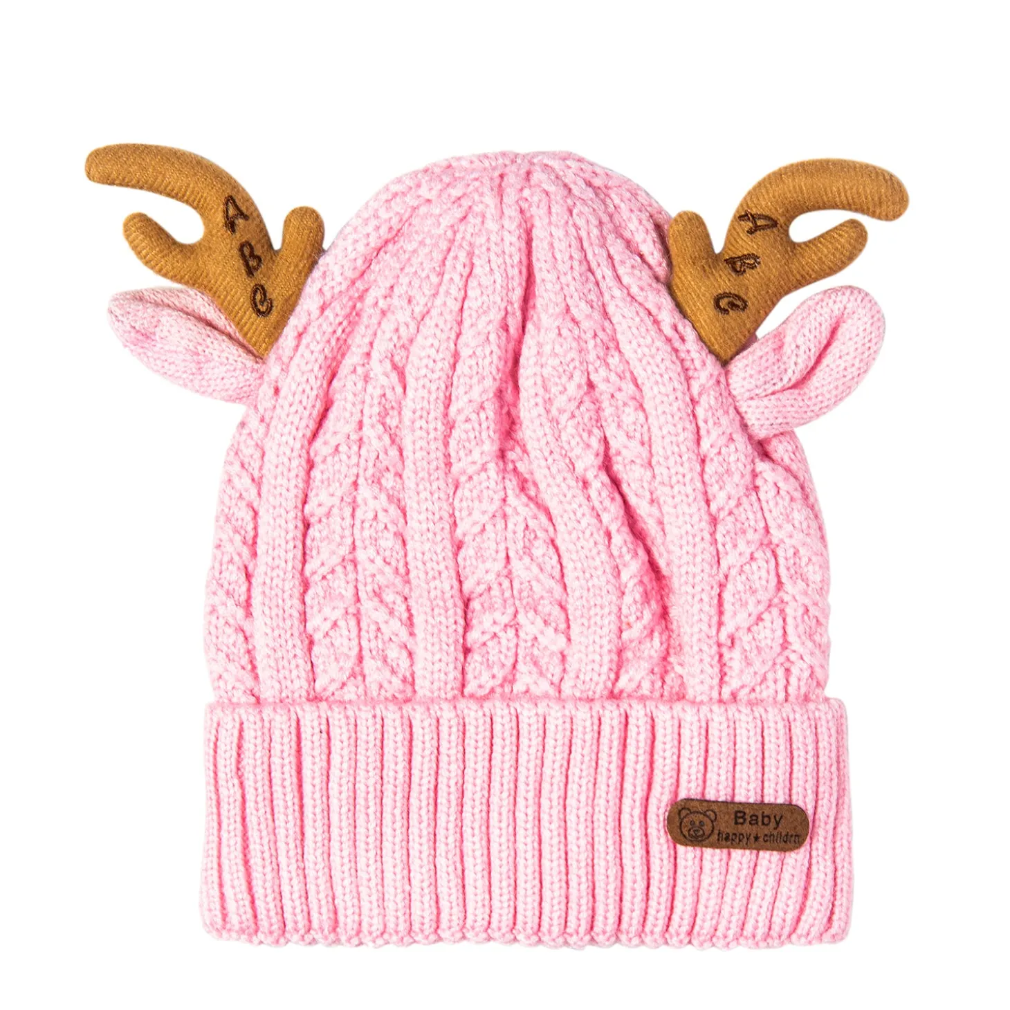 Knit Woollen Cap 3D Alphabet Antler Pink