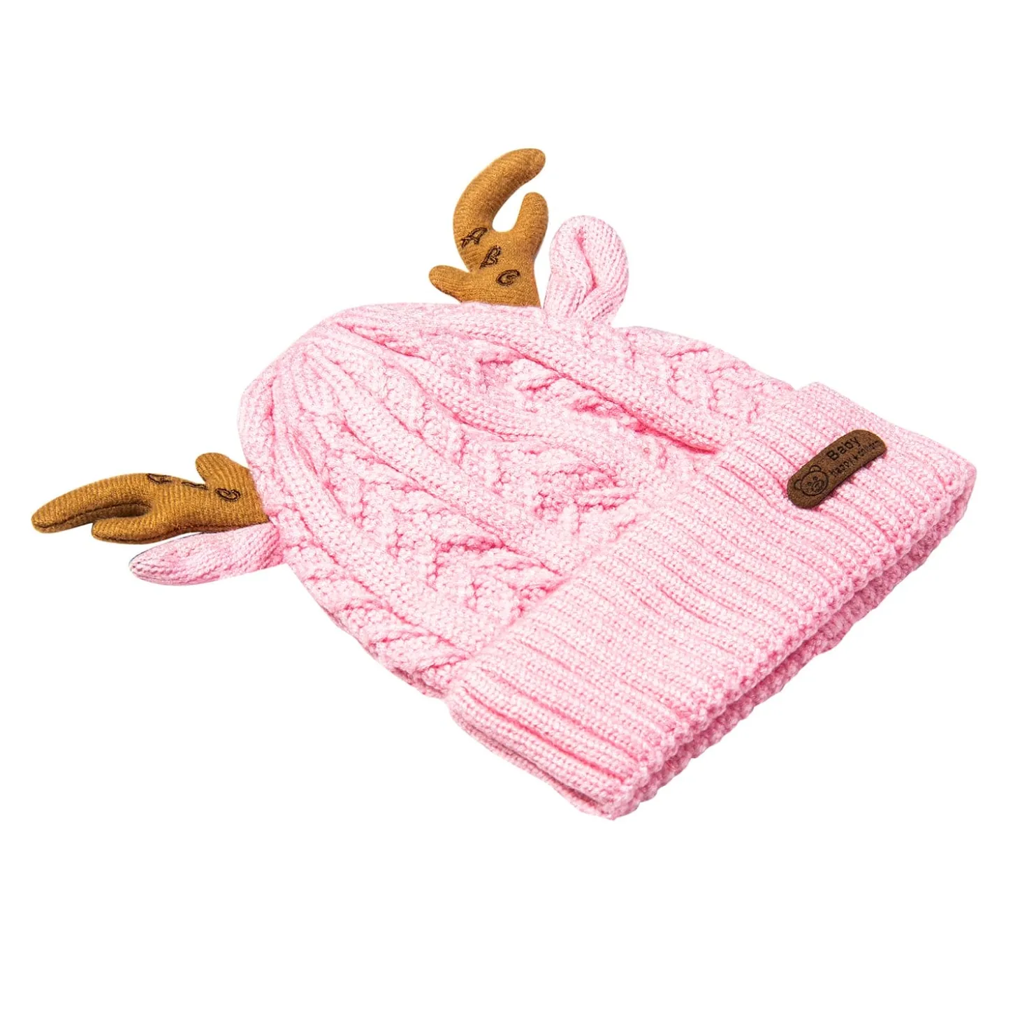 Knit Woollen Cap 3D Alphabet Antler Pink