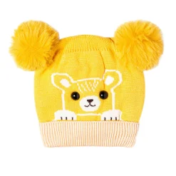 Knit Woollen Cap Pom Pom Bear Yellow