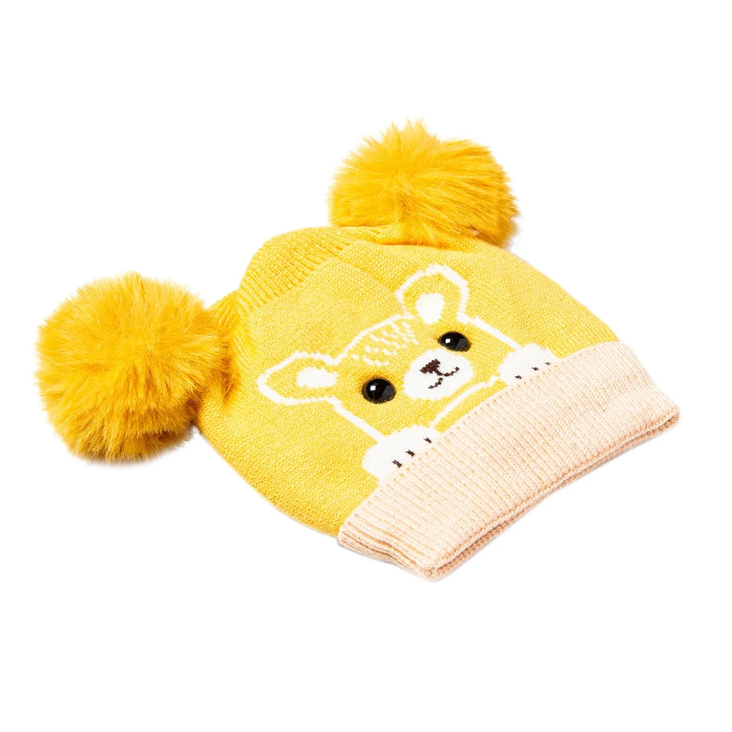 Knit Woollen Cap Pom Pom Bear Yellow