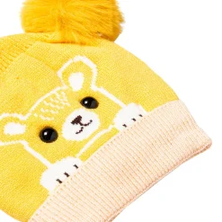 Knit Woollen Cap Pom Pom Bear Yellow