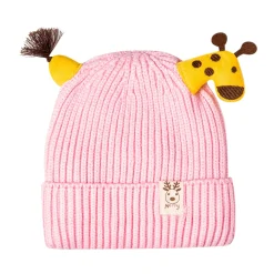 Knit Woollen Cap Winter Beanie 3D Reindeer Antler Pink