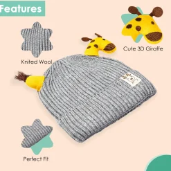 Knit Woollen Cap Winter Beanie 3D Reindeer Antler Grey