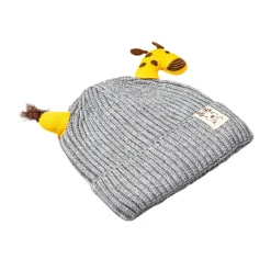 Knit Woollen Cap Winter Beanie 3D Reindeer Antler Grey