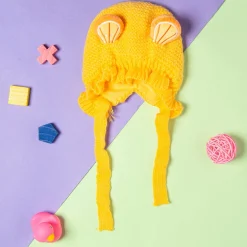 Knit Woollen Cap With Tie Knot For Ear Cover Citrus Yellow
