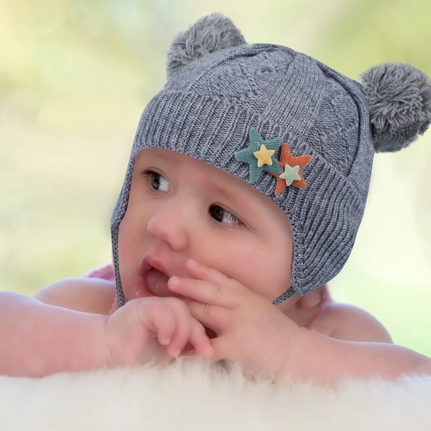 Knit Woollen Cap With Tie For Ear Cover Starry Pom Pom Grey