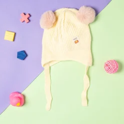 Knit Woollen Cap With Tie Knot For Ear Protection Solid Cream