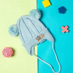 Knit Woollen Cap With Tie For Ear Cover Starry Pom Pom Blue