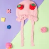 Knit Woollen Cap With Tie Knot For Ear Cover Strawberry Pink