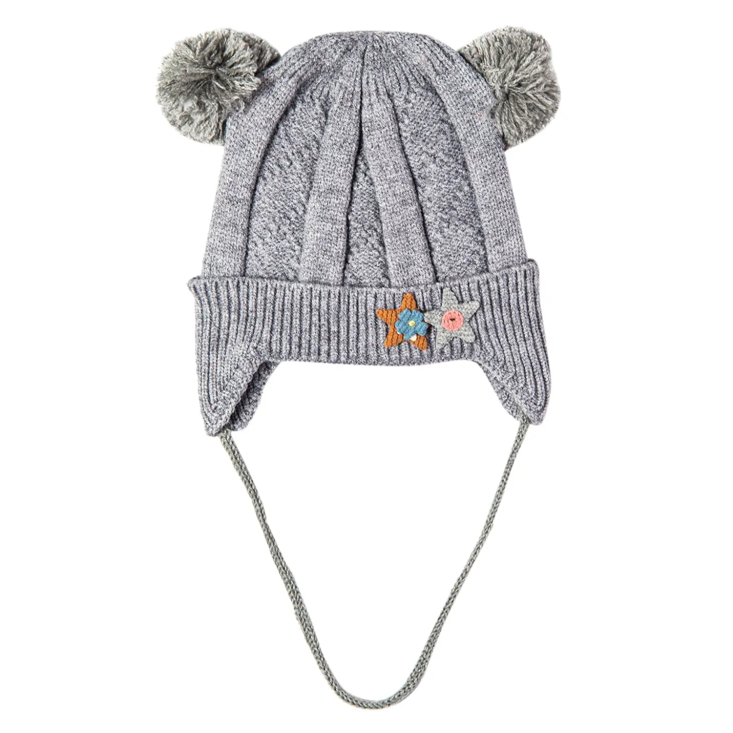 Knit Woollen Cap With Tie For Ear Cover Starry Pom Pom Grey
