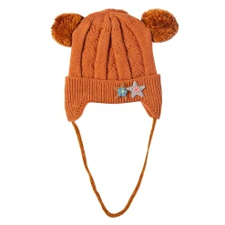 Knit Woollen Cap With Tie For Ear Cover Starry Pom Pom Brown