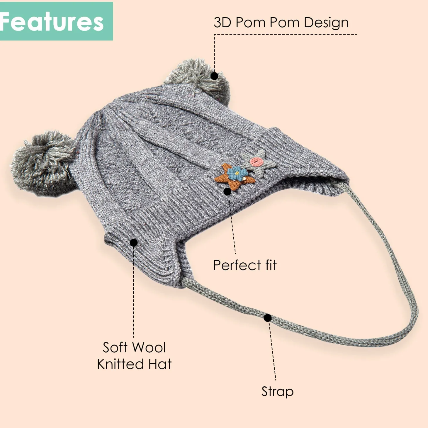 Knit Woollen Cap With Tie For Ear Cover Starry Pom Pom Grey