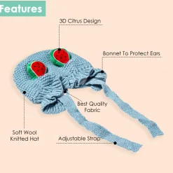 Knit Woollen Cap With Tie Knot For Ear Cover Watermelon Blue