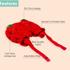 Knit Woollen Cap With Tie Knot For Ear Cover Strawberry Red