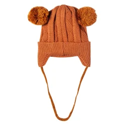 Knit Woollen Cap With Tie For Ear Cover Starry Pom Pom Brown