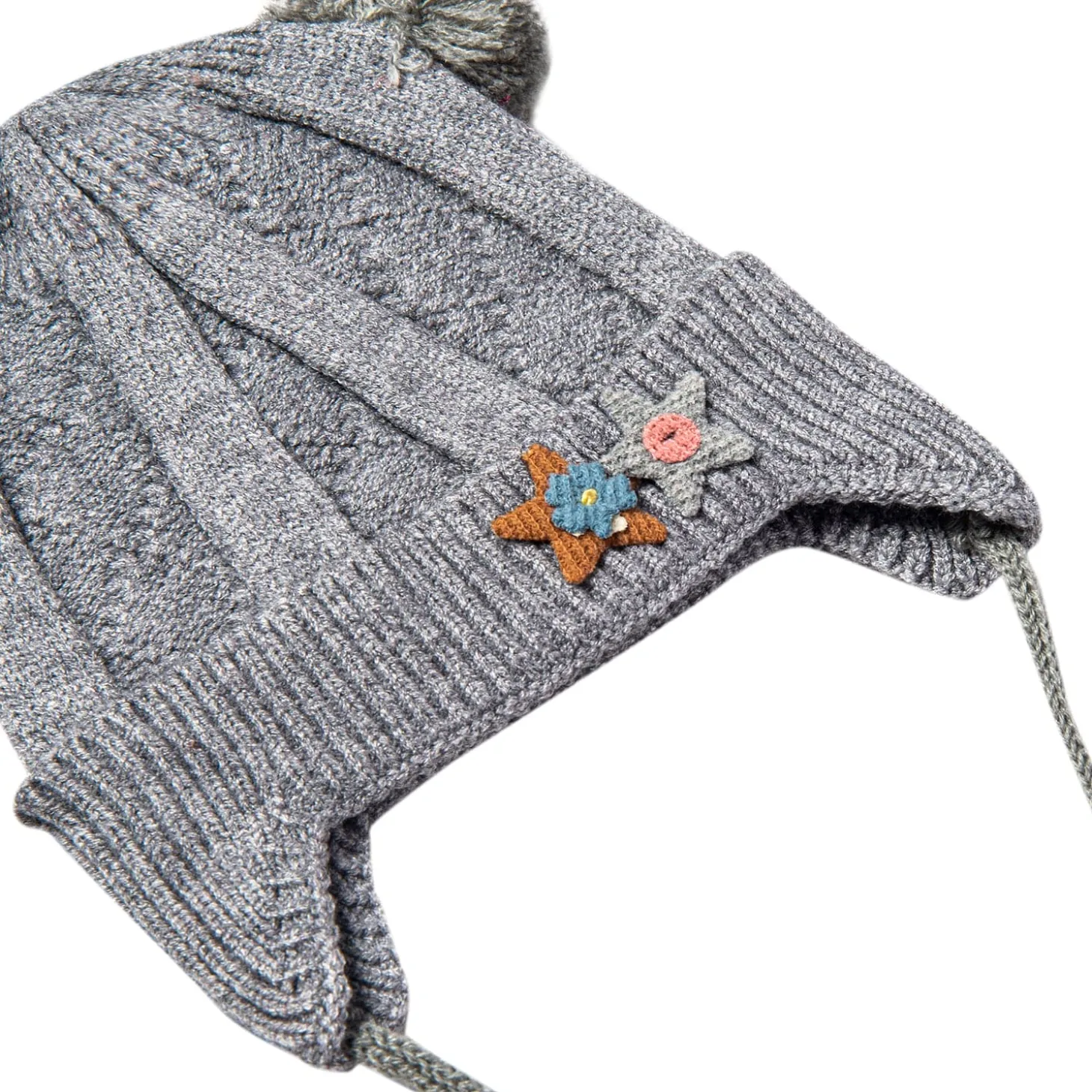 Knit Woollen Cap With Tie For Ear Cover Starry Pom Pom Grey
