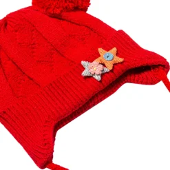 Knit Woollen Cap With Tie For Ear Cover Starry Pom Pom Red