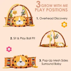 Lion Infant Play Mat Activity Gym With Hanging Toys And Balls - Yellow